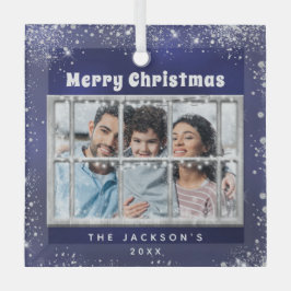 ブルーシルバー雪写真冬窓 ガラスオーナメント