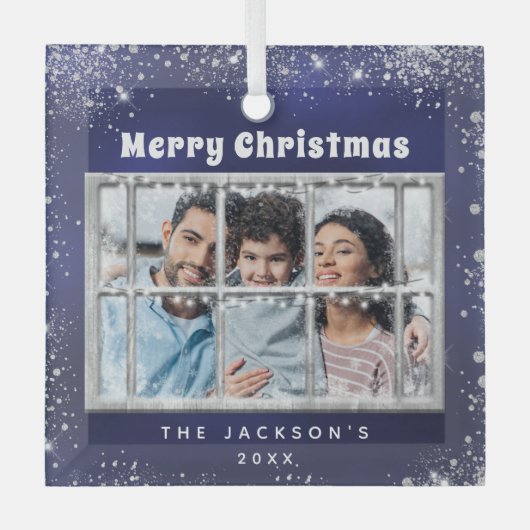 ブルーシルバー雪写真冬窓 ガラスオーナメント (正面)