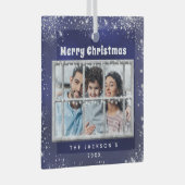 ブルーシルバー雪写真冬窓 ガラスオーナメント (正面右)