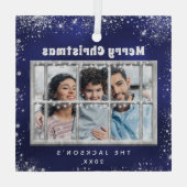 ブルーシルバー雪写真冬窓 ガラスオーナメント (裏面)