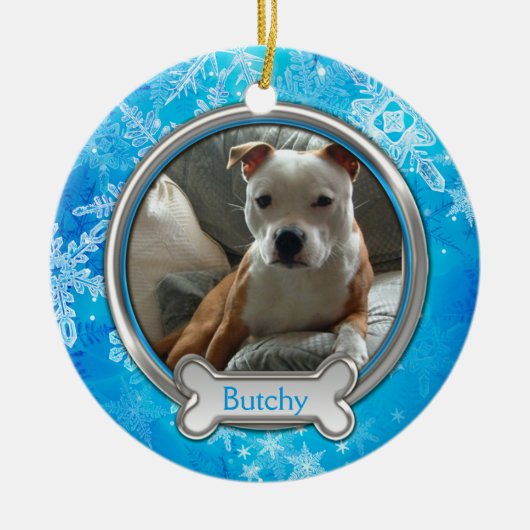 ブルーシルバー雪片フォトクリスマスオーナメント セラミックオーナメント (正面)