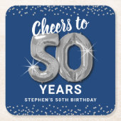 ブルーシルバー お誕生日おめでとう 50歳 スクエアペーパーコースター (正面)