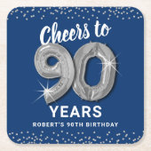 ブルーシルバー お誕生日おめでとう 90歳 スクエアペーパーコースター (正面)