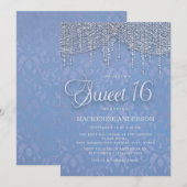ブルーシルバー ストリング ライト ダマスク スウィート 16 招待状 (正面/裏面)