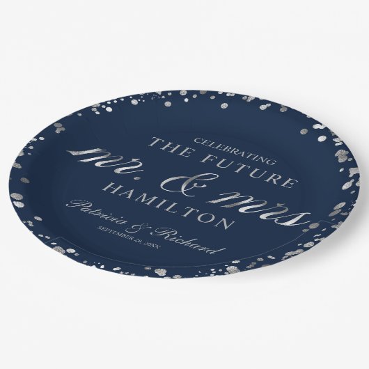 ブルーシルバー フューチャー ミスター&ミセス 婚約パーティー ペーパープレート (アングル)