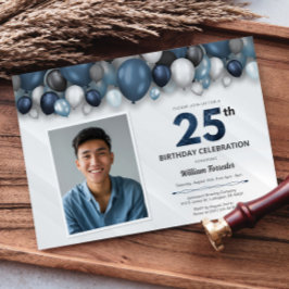 ブルーシルバー ブラック＆ホワイト 25歳の誕生日写真 招待状