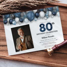 ブルーシルバー ブラック＆ホワイト 80歳の誕生日写真 招待状
