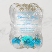ブルーシルバー&金ゴールドホリーバウブルクリスマスパーティー 招待状 (正面/裏面)