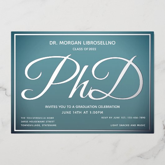 ブルーシルバーPhD卒業 箔招待状 (正面)