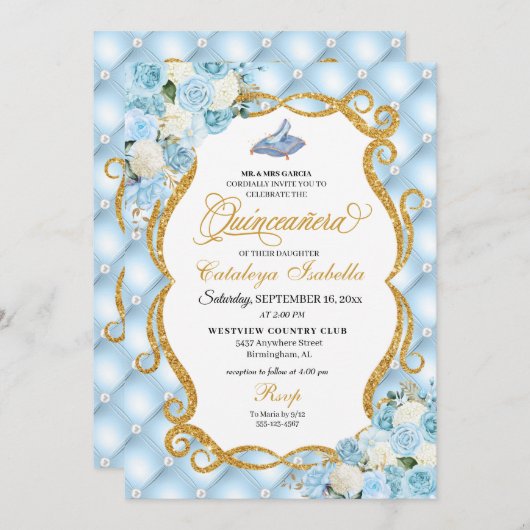 ブルーシンデレラガラスシューズプリンセスキンセアニェラ 招待状 (正面/裏面)