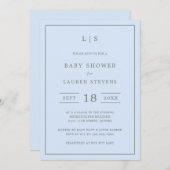 ブルーシンプルとグレーモノグラムボーイ赤ちゃんシャワー 招待状 (正面/裏面)