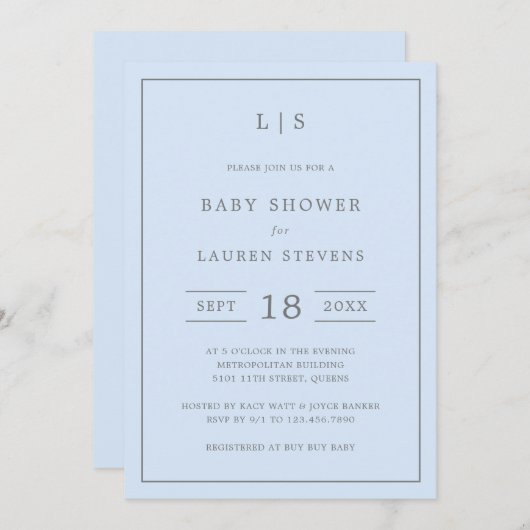ブルーシンプルとグレーモノグラムボーイ赤ちゃんシャワー 招待状 (正面/裏面)