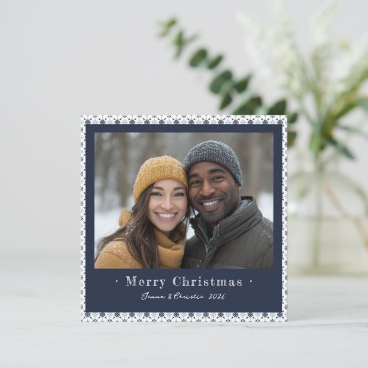 ブルーシンプルとホワイトのスノーフレークのクリスマスフォト シーズンカード (スタンド正面)
