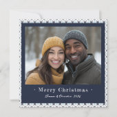 ブルーシンプルとホワイトのスノーフレークのクリスマスフォト シーズンカード (正面)