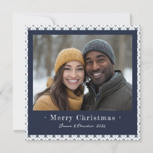 ブルーシンプルとホワイトのスノーフレークのクリスマスフォト シーズンカード (正面)
