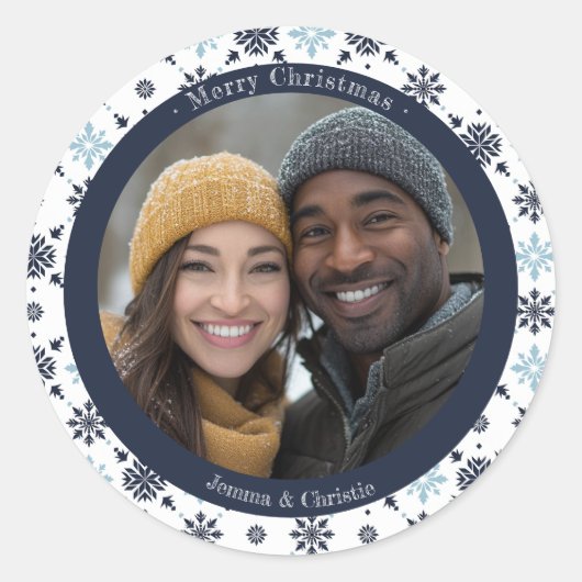 ブルーシンプルとホワイトのスノーフレークのクリスマスフォト ラウンドシール (正面)