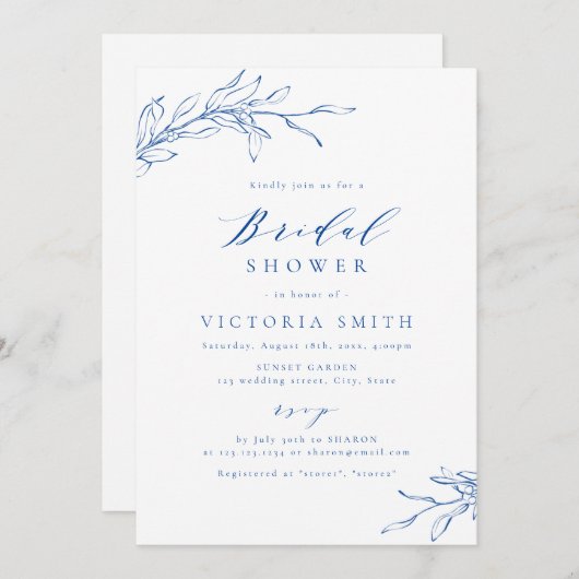 ブルーシンプルエレガントブライダルシャワー植物学 招待状 (正面/裏面)