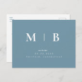 ブルーシンプルコンテンポラリーモノグラム日付の保存 ポストカード (正面/裏面)