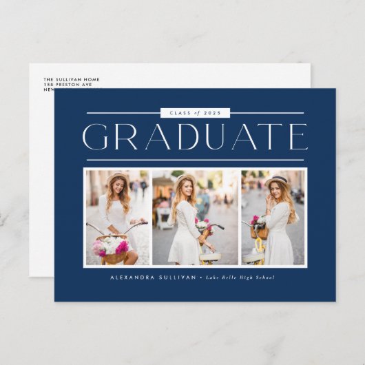 ブルーシンプルタイポグラフィフォトコラージュ卒業 ポストカード (正面/裏面)