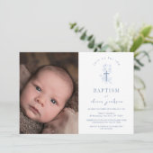 ブルーシンプルフラワークロスボーイフォトバプテスマ 招待状 (スタンド正面)