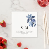 ブルーシンプルフローラエレガントカップルイニシャル結婚ズ スタンダードカクテルナプキン (インサイチュ)