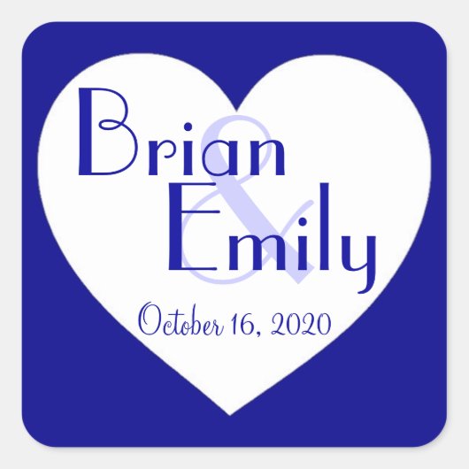 ブルーシンプルホワイトハートカスタムウェディングシール スクエアシール (正面)