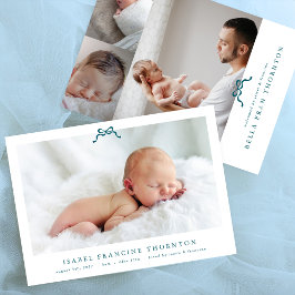 ブルーシンプルボウ写真ベビー誕生 案内状