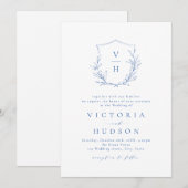 ブルーシンプルボタニカルクレストモノグラムウェディング 招待状 (正面/裏面)