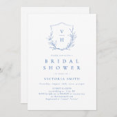 ブルーシンプルボタニカルクレストモノグラムブライダルシャワー 招待状 (正面/裏面)