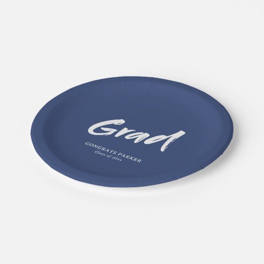 ブルーシンプルモダンブラシスクリプト卒業パーティー ペーパープレート (アングル)