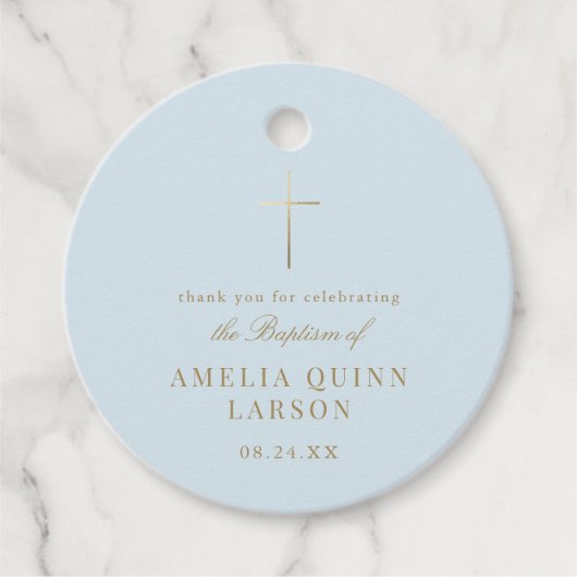 ブルーシンプル金ゴールドエレガントクロスバプテスマ《キリスト教》洗礼式や命名式 フェイバータグ (正面)
