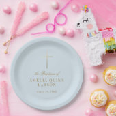 ブルーシンプル金ゴールドエレガントクロスバプテスマ《キリスト教》洗礼式や命名式 ペーパープレート (パーティー)