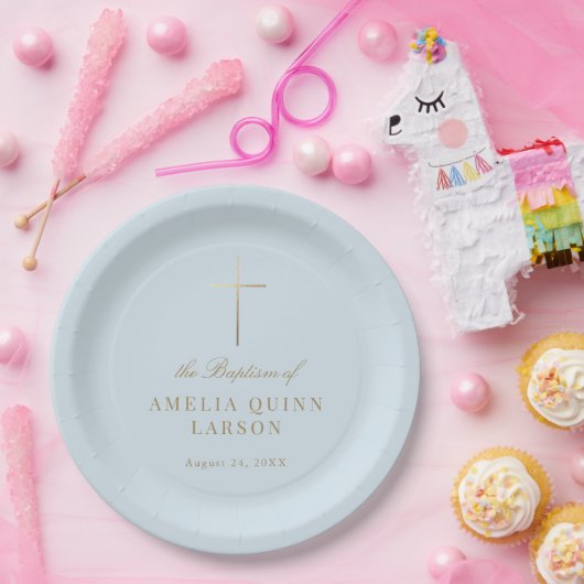 ブルーシンプル金ゴールドエレガントクロスバプテスマ《キリスト教》洗礼式や命名式 ペーパープレート (パーティー)