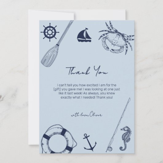 ブルーシンプル魚釣りエレガントボーイベビーシャワー サンキューカード (正面)