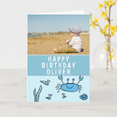 ブルーシーアニマルズカニシェルボーイ誕生日写真 カード (黄色い花)