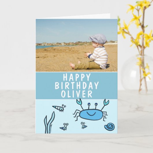 ブルーシーアニマルズカニシェルボーイ誕生日写真 カード (黄色い花)