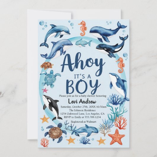 ブルーシーアホイの下で男の子の赤ちゃんシャワー 招待状 (正面)