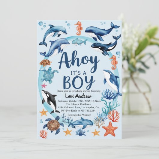 ブルーシーアホイの下で男の子の赤ちゃんシャワー 招待状 (スタンド正面)