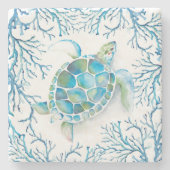 ブルーシーウミガメとコーラルリーフ ストーンコースター (正面)
