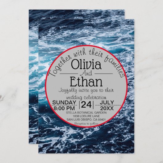 ブルーシーエレガントウェーブスサマービーチ結婚式 招待状 (正面/裏面)