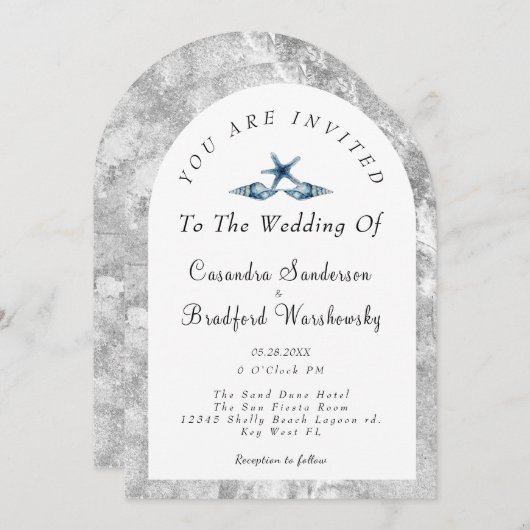 ブルーシーシェルシルバーグレーウォータービーチ結婚式 招待状 (正面/裏面)