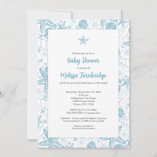 ブルーシーシェルスタフィッシュボーイベビーシャワー招待状 招待状 (正面)