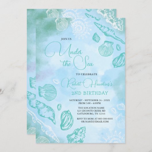 ブルーシーシェルズアンダーザシー海誕生日 招待状 (正面/裏面)