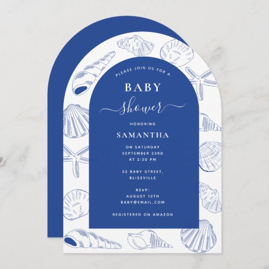 ブルーシーシェルビーチサマーアーチベイビーシャワー 招待状 (正面/裏面)
