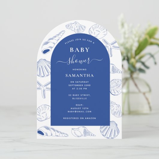 ブルーシーシェルビーチサマーアーチベイビーシャワー 招待状 (スタンド正面)
