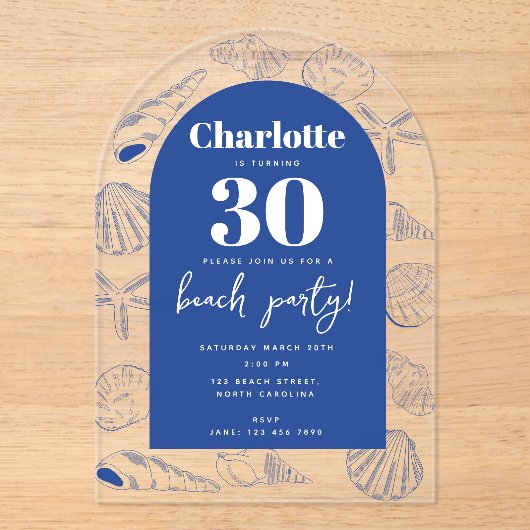 ブルーシーシェルビーチサマーバースデーパーティーアーチ アクリル招待状 (正面)
