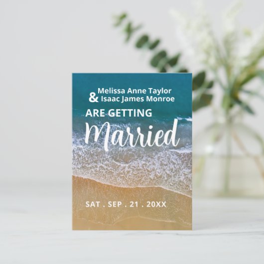 ブルーシービーチ結婚式日付の保存 案内ポストカード (スタンド正面)