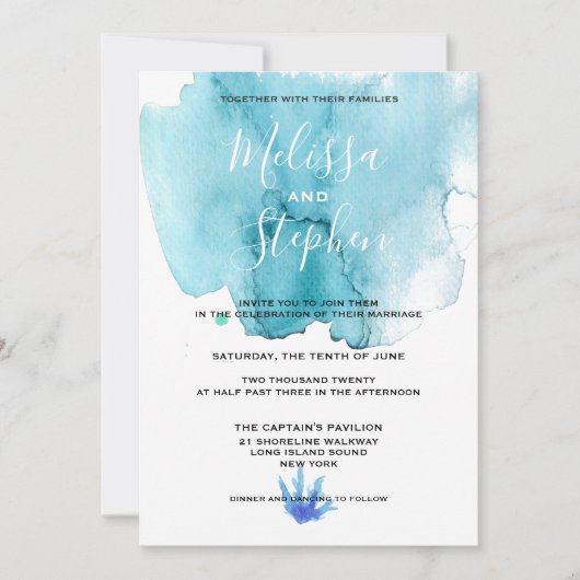 ブルーシーフォーム水カラービーチ結婚式招待状 招待状 (正面)