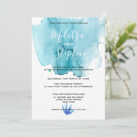 ブルーシーフォーム水カラービーチ結婚式招待状 招待状 (スタンド正面)