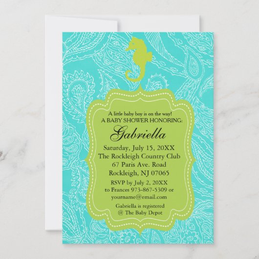 ブルーシーペイズリー模様のホースベビーシャワー招待状 招待状 (正面)